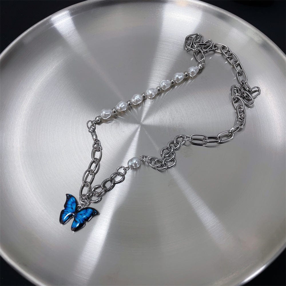 Chic Enamel Butterfly Pendant Pearl Chain Necklace