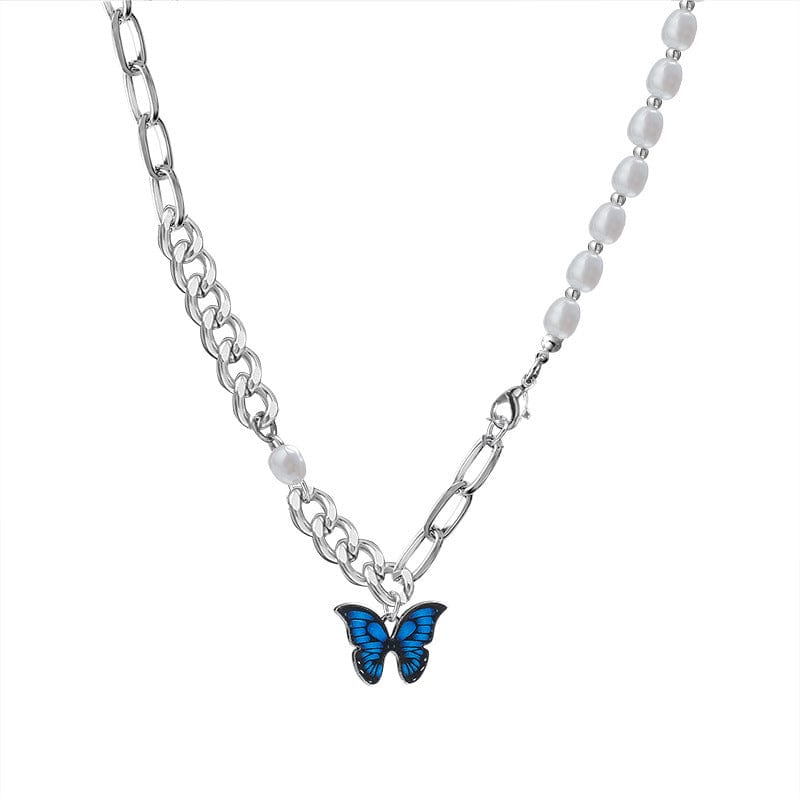 Chic Enamel Butterfly Pendant Pearl Chain Necklace