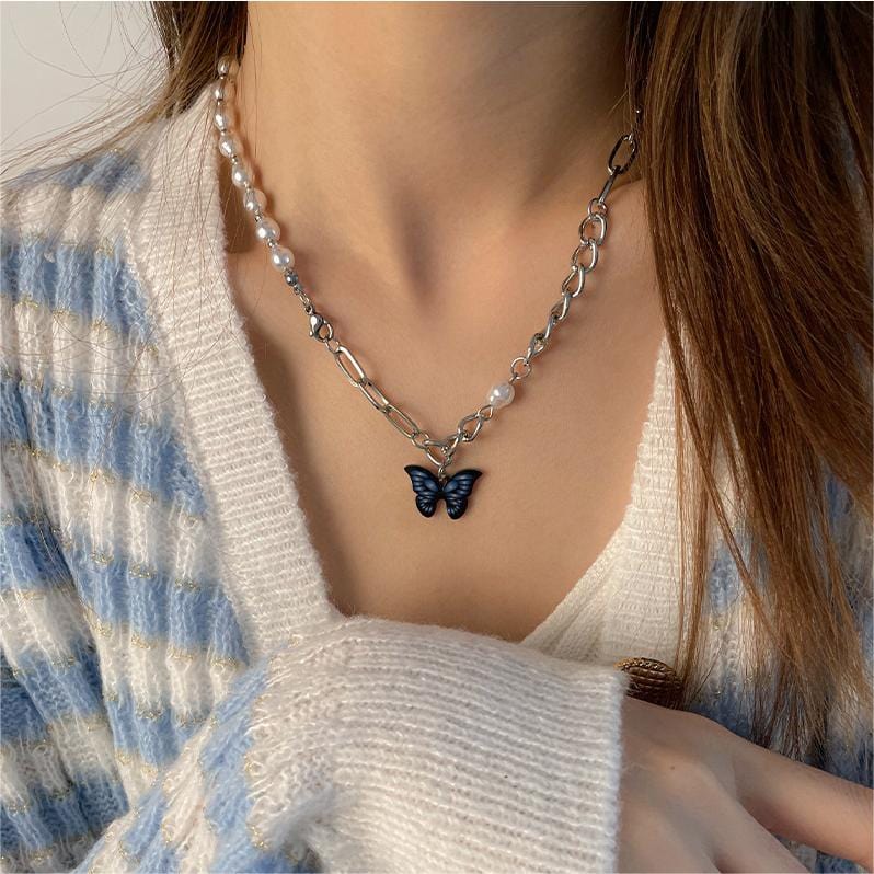 Chic Enamel Butterfly Pendant Pearl Chain Necklace