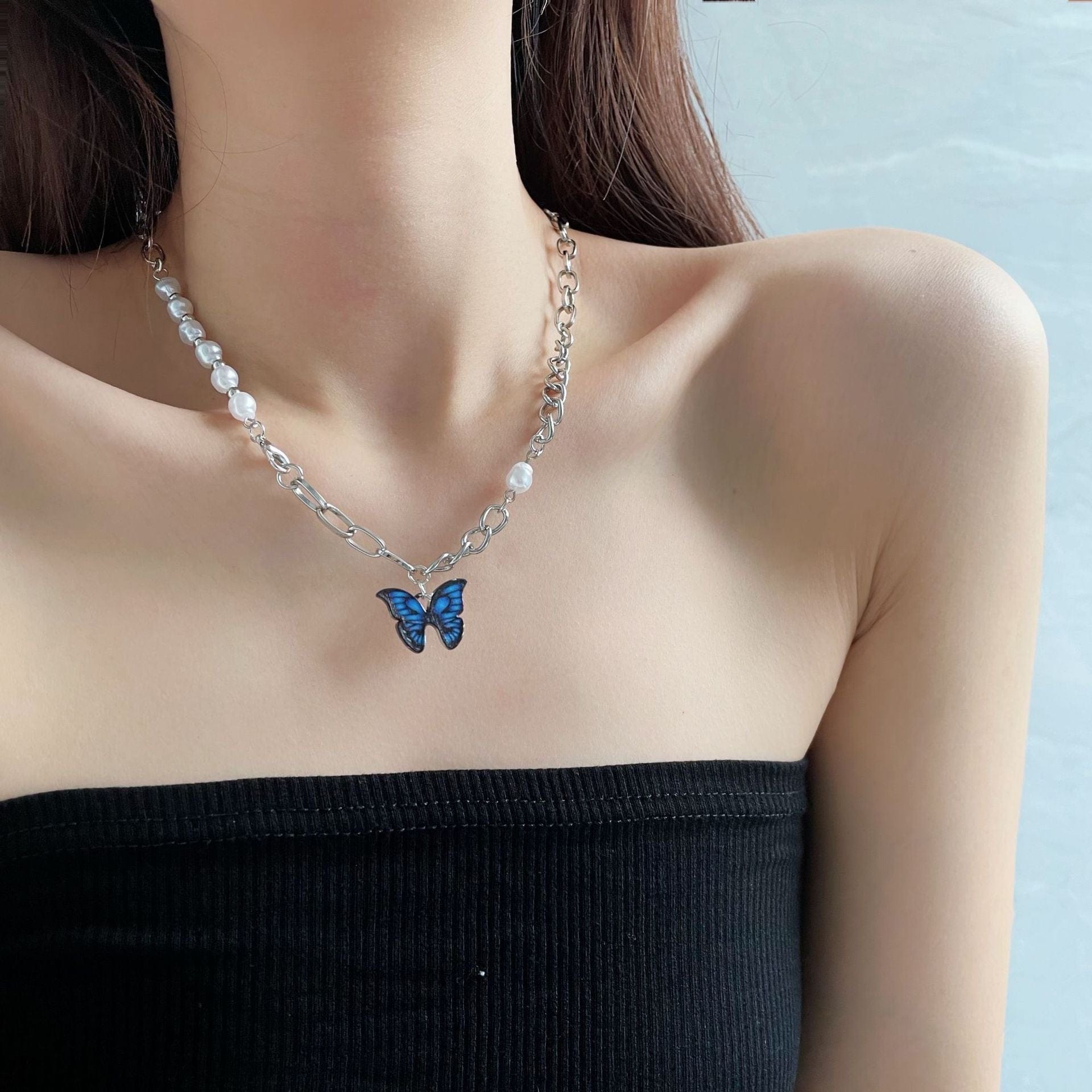 Chic Enamel Butterfly Pendant Pearl Chain Necklace