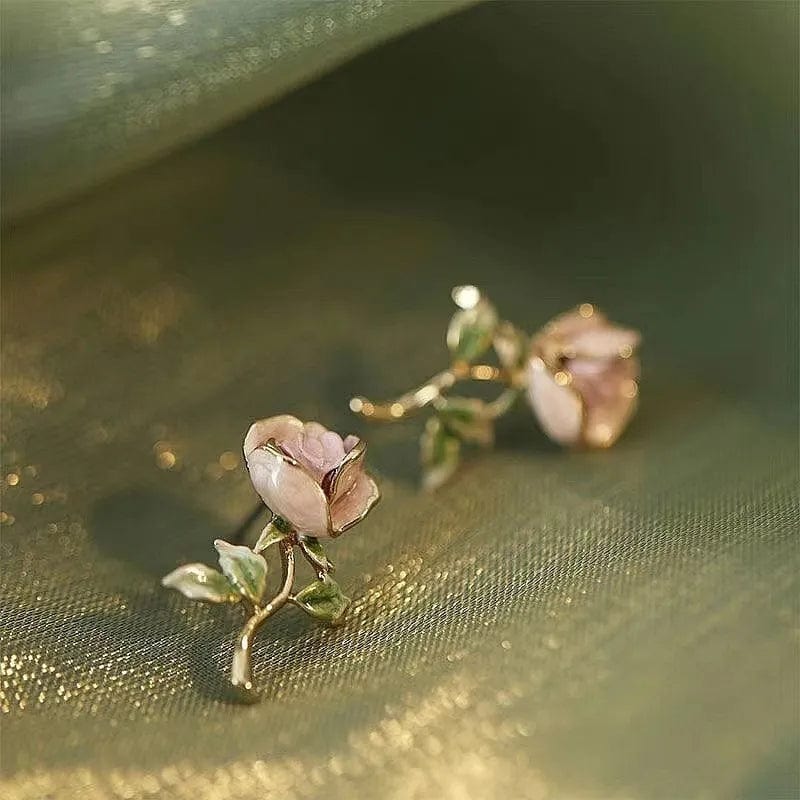 Chic Enamel Pink Rose Earrings