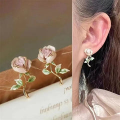 Chic Enamel Pink Rose Earrings