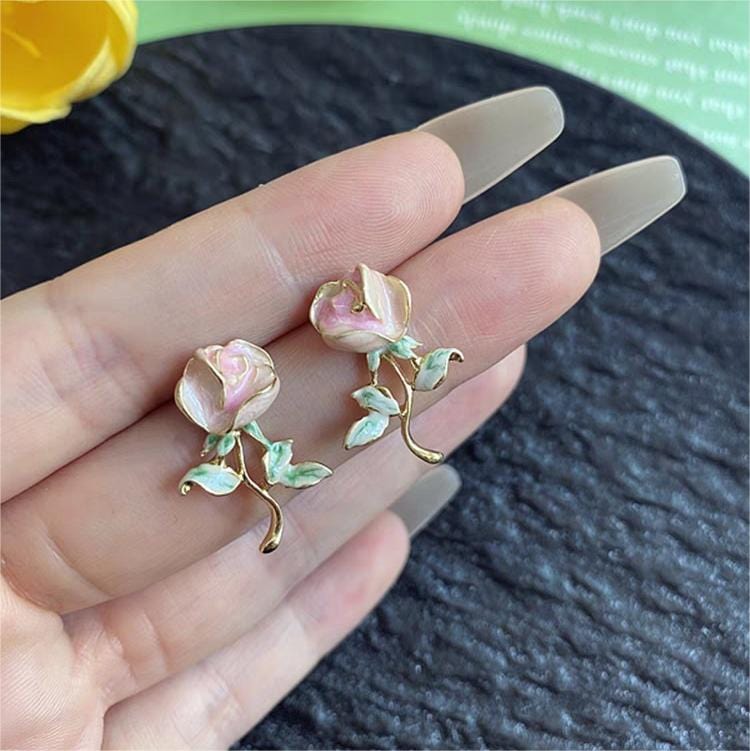 Chic Enamel Pink Rose Earrings