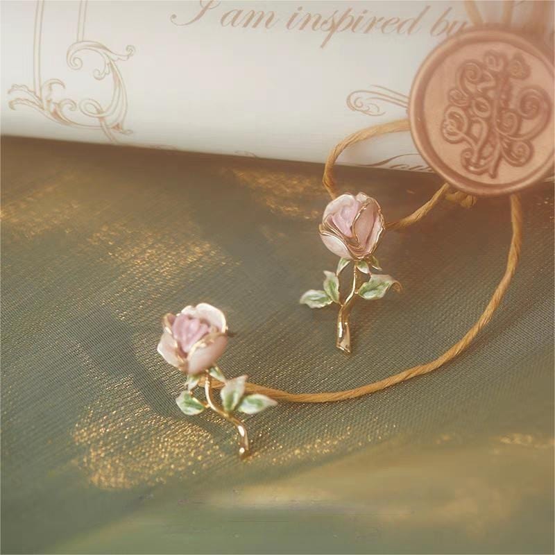 Chic Enamel Pink Rose Earrings