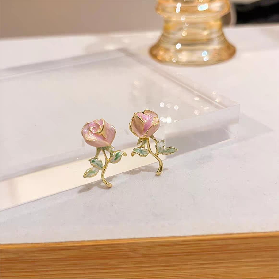 Chic Enamel Pink Rose Earrings