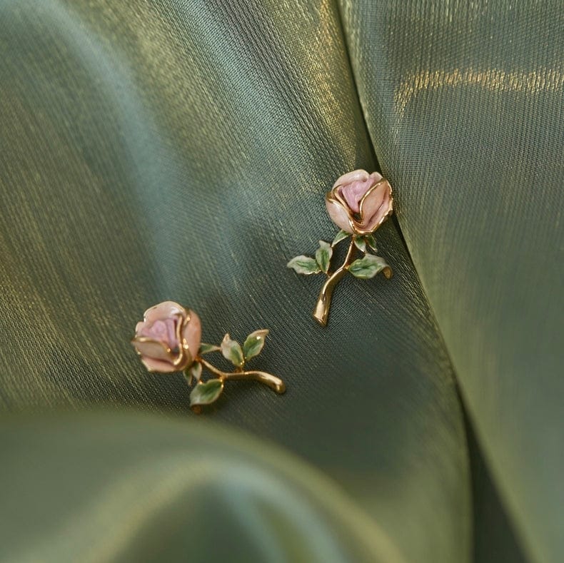 Chic Enamel Pink Rose Earrings