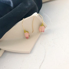 Chic Enamel Pink Tulip Dangle Earrings