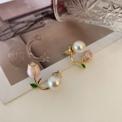 Chic Enamel Tulip Pearl Earrings