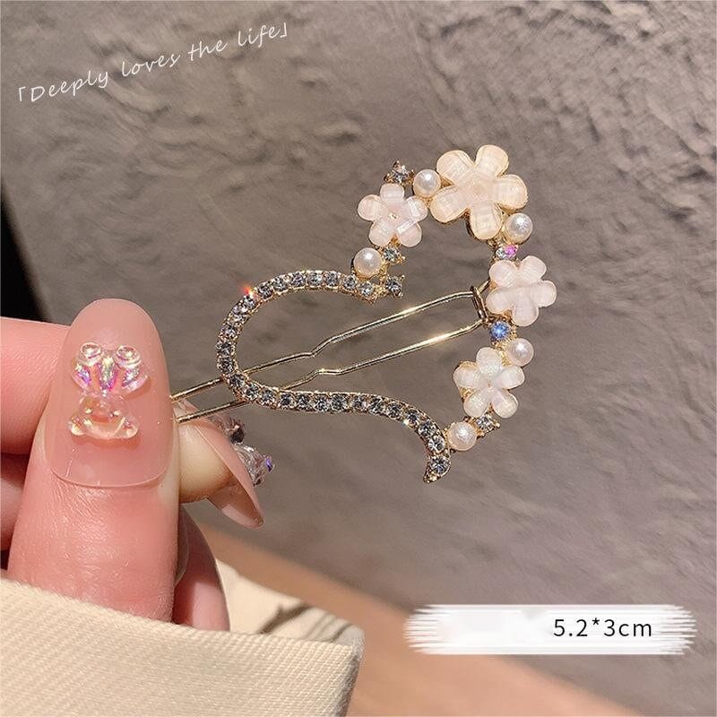 Chic Handmade CZ Inlaid Pink Floral Moon Heart Hair Clip