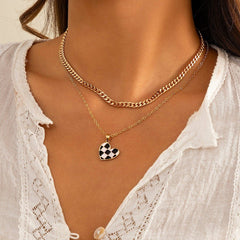 Chic Layered Checkered Heart Pendant Chain Necklace Set