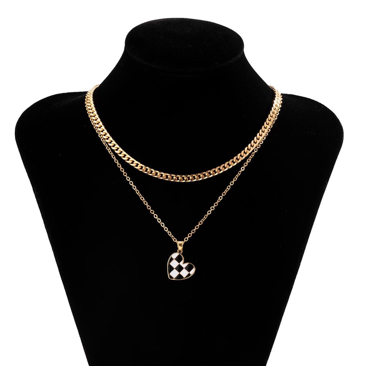 Chic Layered Checkered Heart Pendant Chain Necklace Set