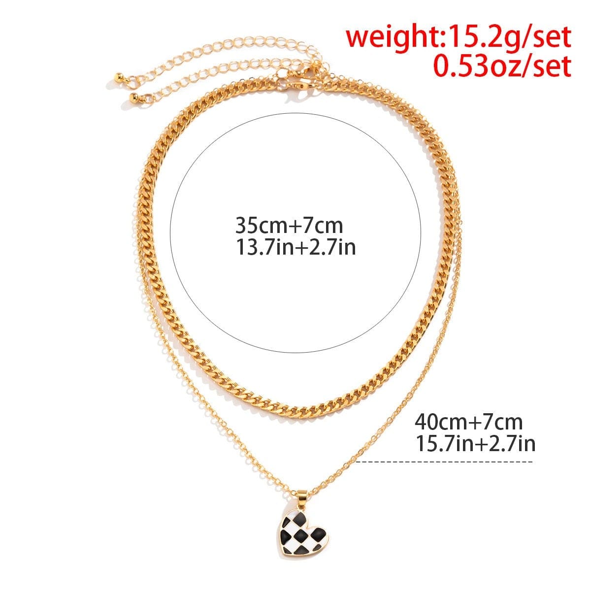 Chic Layered Checkered Heart Pendant Chain Necklace Set