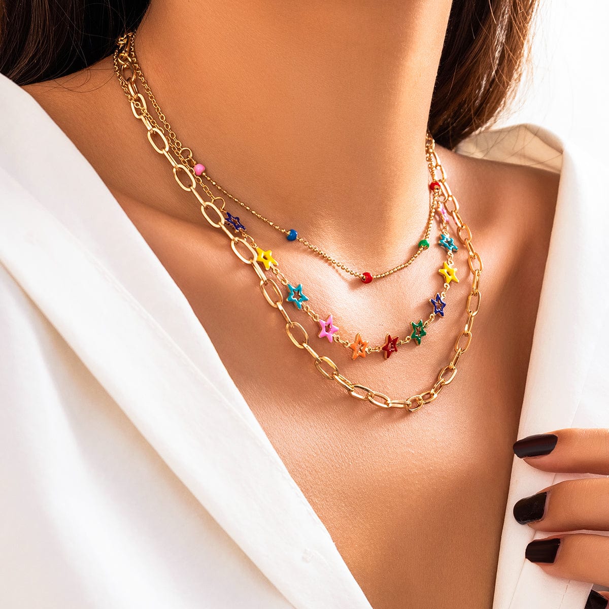 Chic Layered Colorful Enamel Star Chain Choker Necklace Set