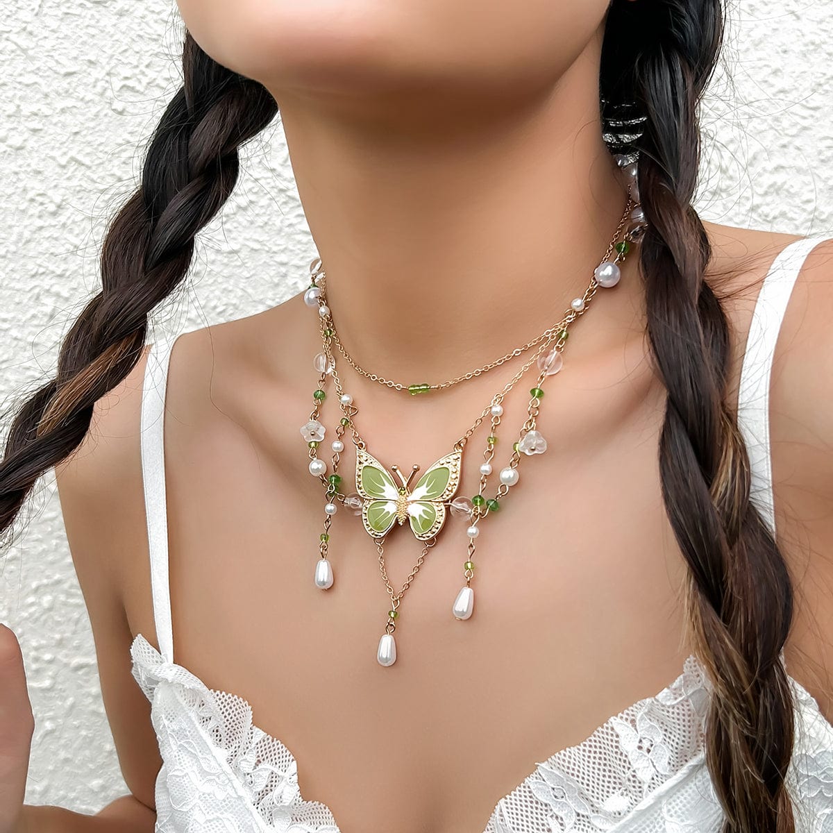 Chic Layered Floral Pearl Chain Tassel Butterfly Necklace