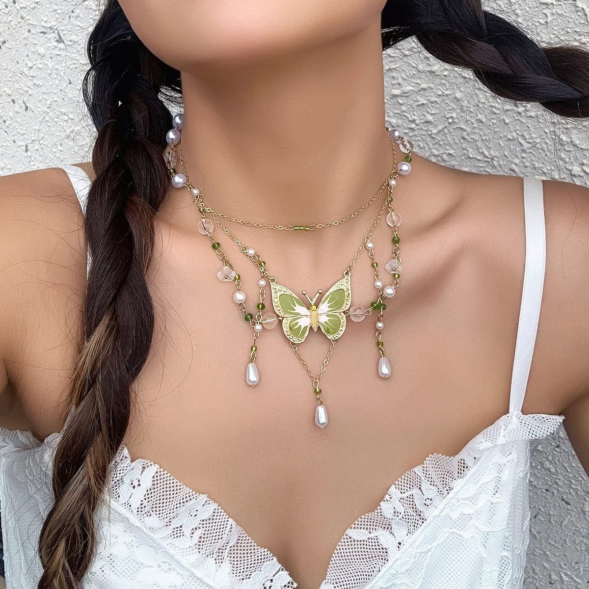 Chic Layered Floral Pearl Chain Tassel Butterfly Necklace