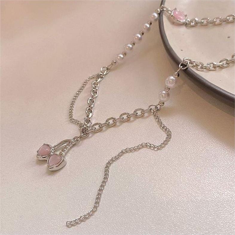 Chic Layered Pearl Charm Pink Cherry Pendant Necklace