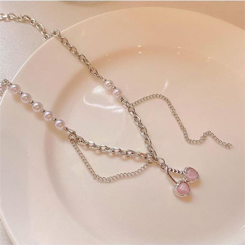 Chic Layered Pearl Charm Pink Cherry Pendant Necklace