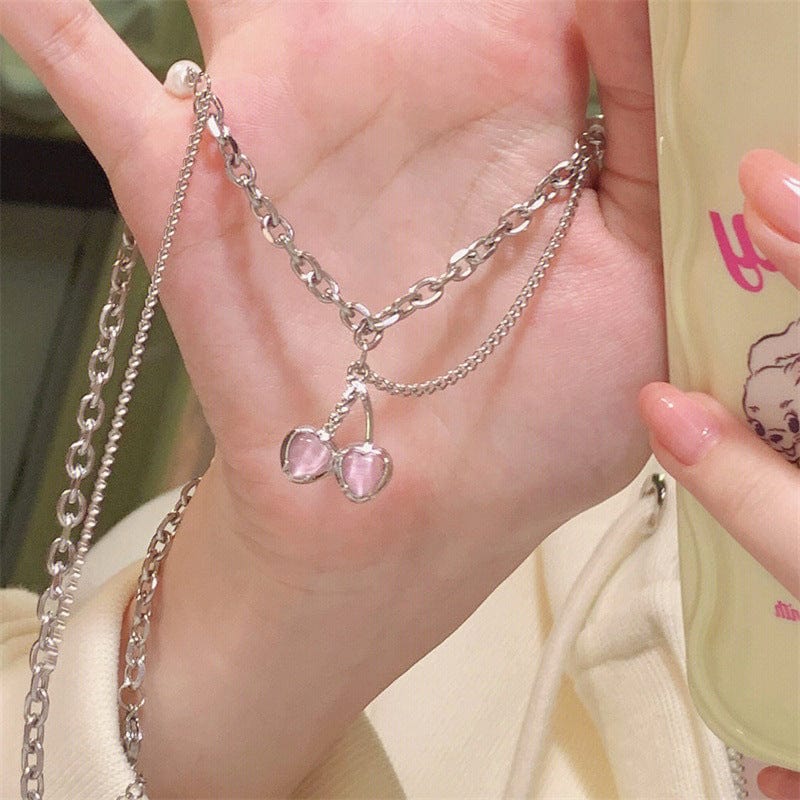 Chic Layered Pearl Charm Pink Cherry Pendant Necklace