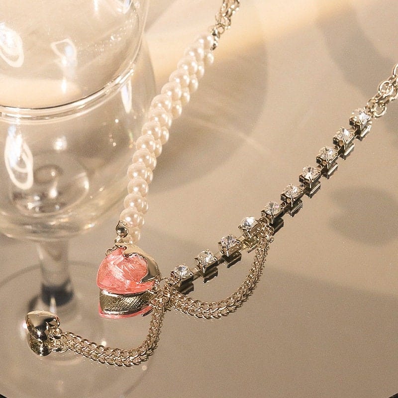 Chic Layered Pink Heart Pendant Cubic Zirconia Pearl Chain Necklace