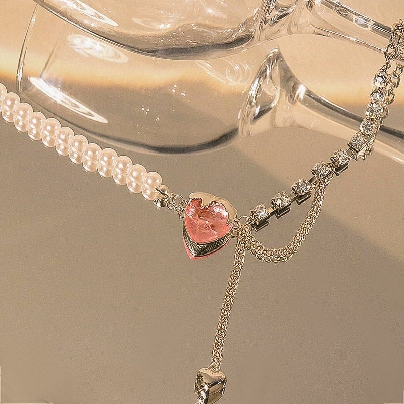 Chic Layered Pink Heart Pendant Cubic Zirconia Pearl Chain Necklace