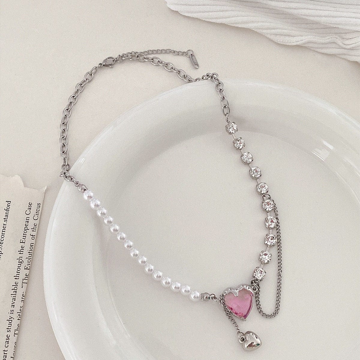 Chic Layered Pink Heart Pendant Cubic Zirconia Pearl Chain Necklace