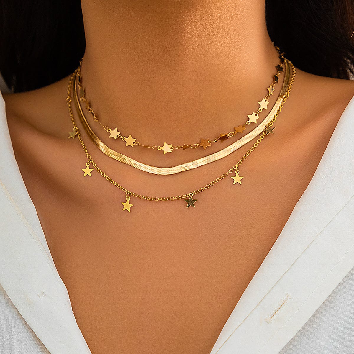 Chic Layered Star Tassel Herringbone Chain Necklace Set