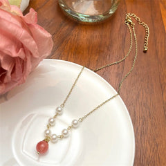 Chic Natural Stone Peach Pendant Pearl Chain Necklace