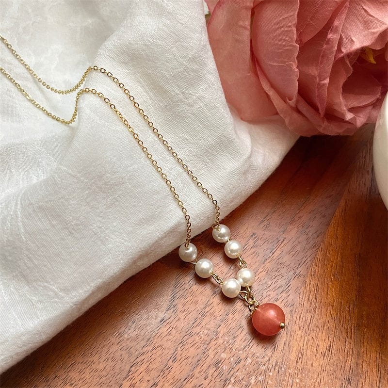 Chic Natural Stone Peach Pendant Pearl Chain Necklace