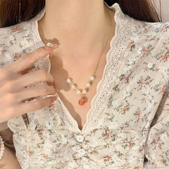 Chic Natural Stone Peach Pendant Pearl Chain Necklace