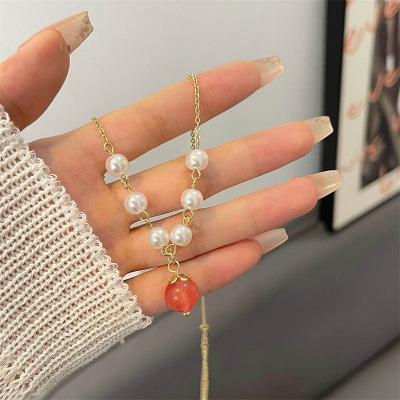 Chic Natural Stone Peach Pendant Pearl Chain Necklace