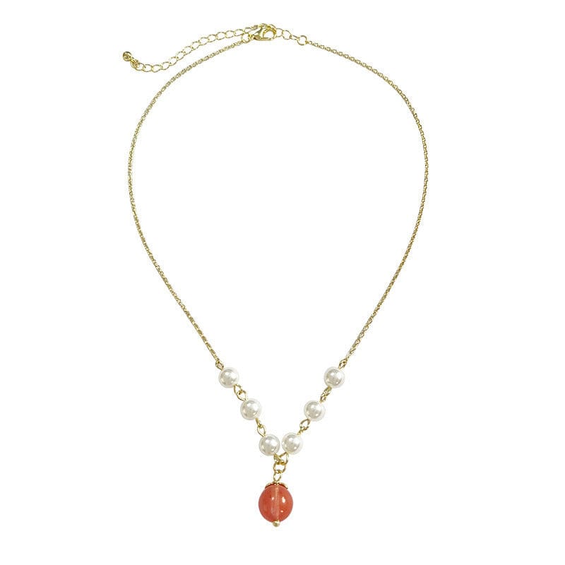 Chic Natural Stone Peach Pendant Pearl Chain Necklace