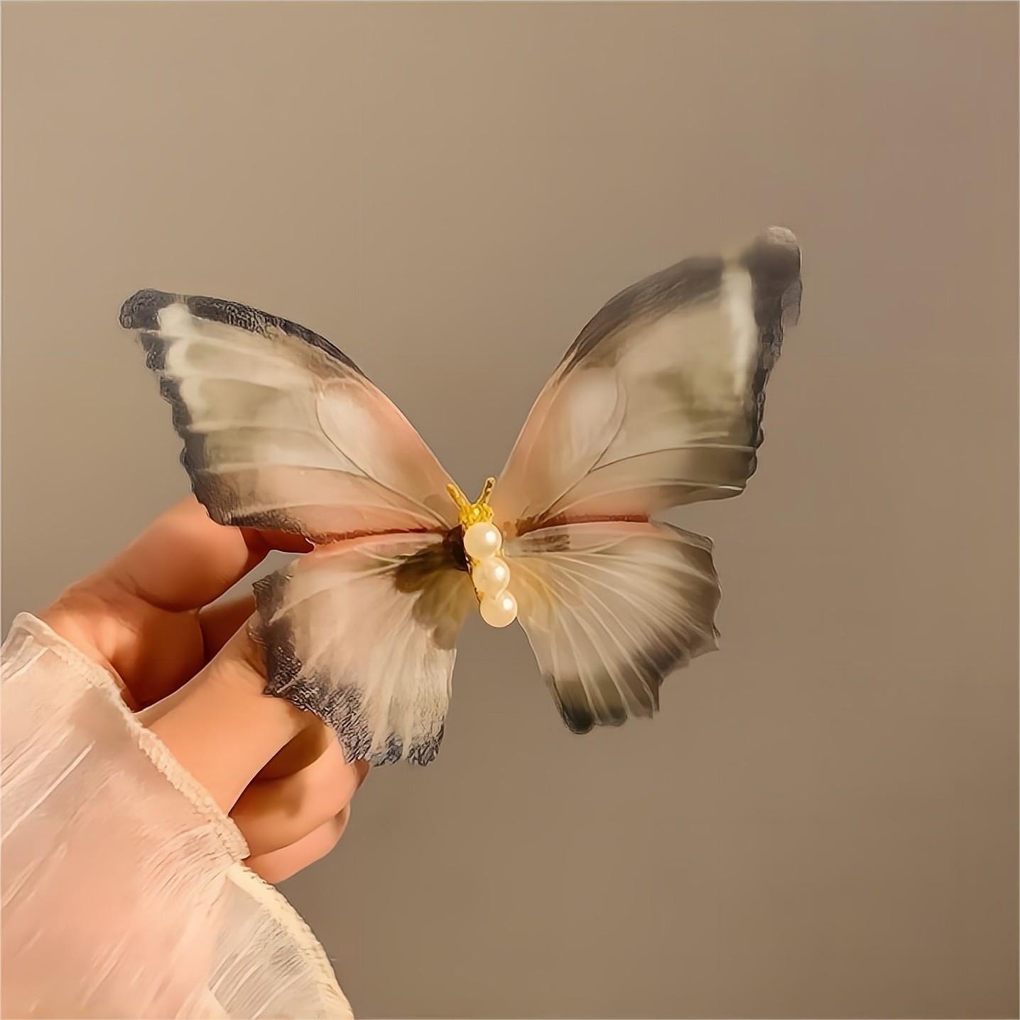 Chic Pearl Charm Sheer Mesh Butterfly Hair Clip