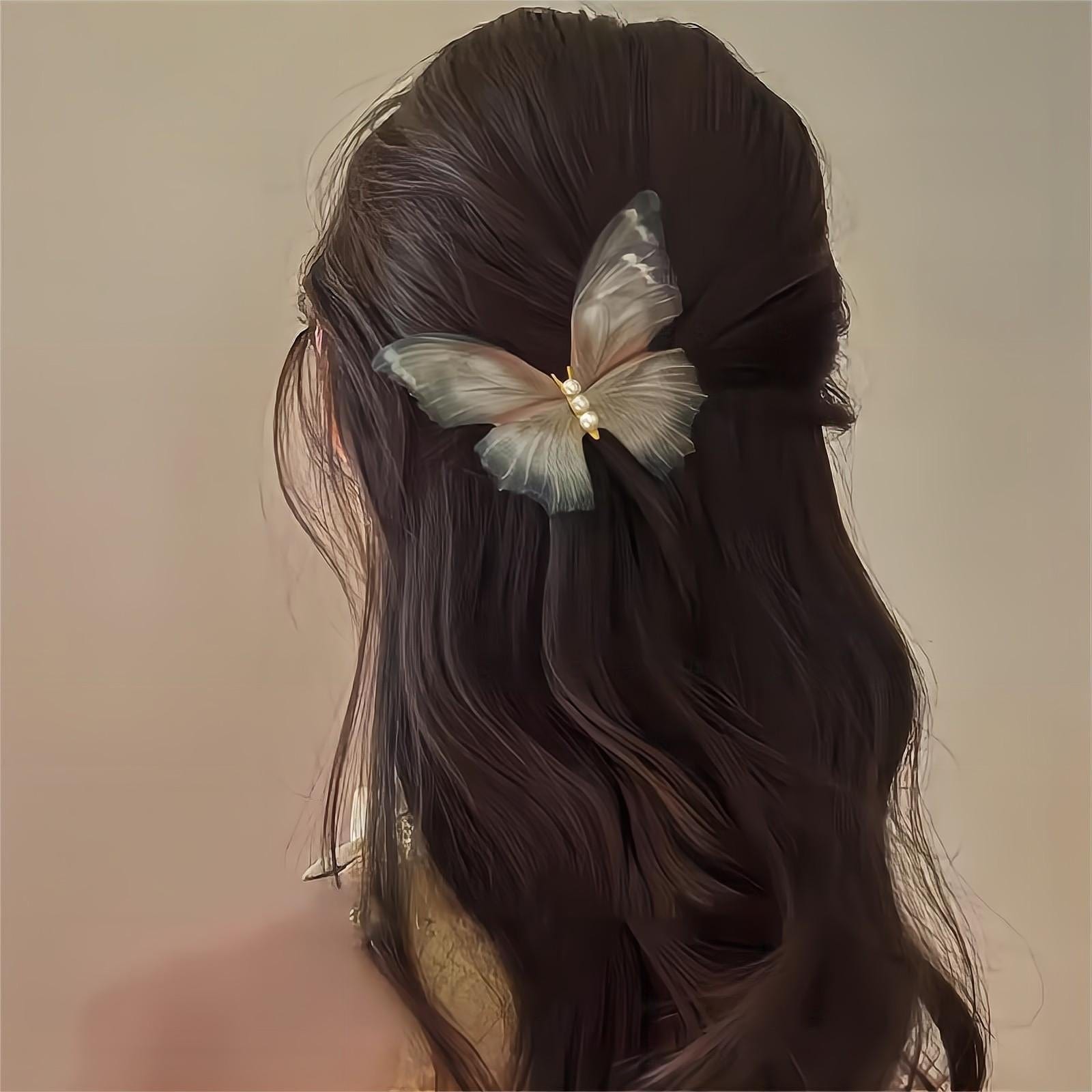 Chic Pearl Charm Sheer Mesh Butterfly Hair Clip