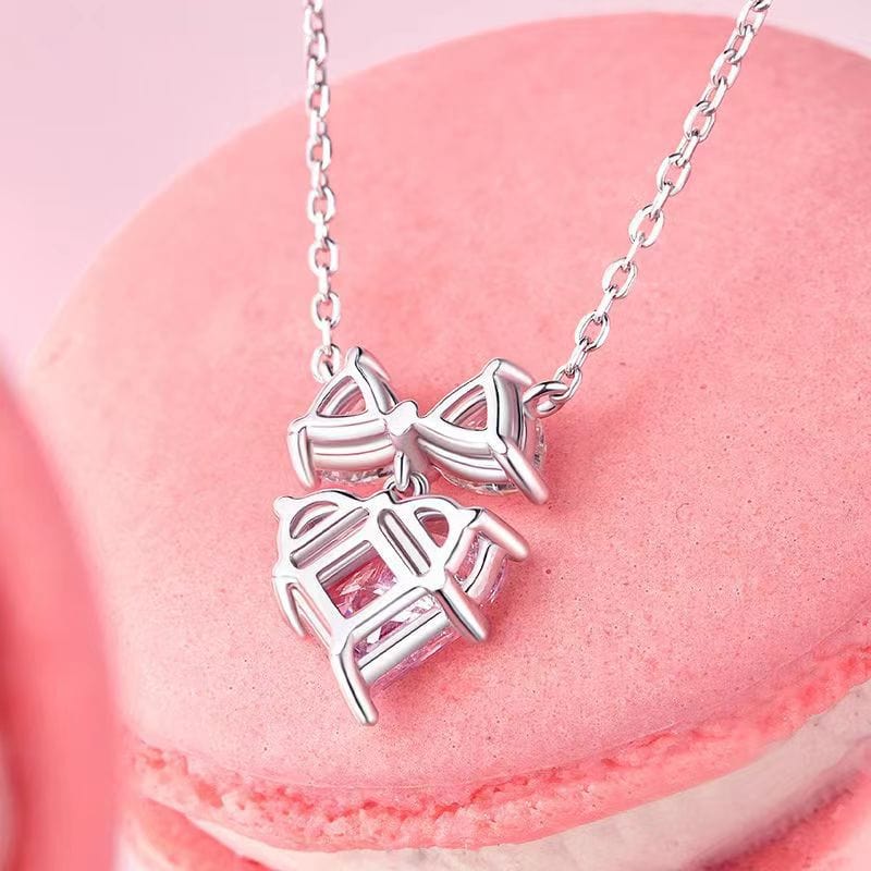 Chic Pink Crystal Bowknot Heart Necklace