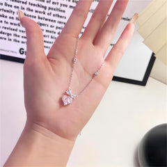 Chic Pink Crystal Bowknot Heart Necklace