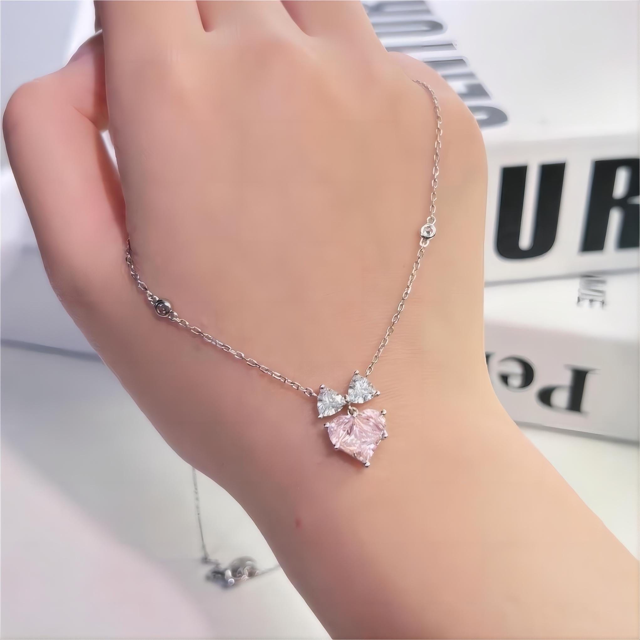 Chic Pink Crystal Bowknot Heart Necklace