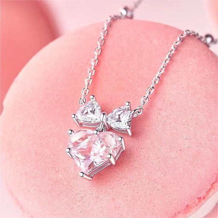 Chic Pink Crystal Bowknot Heart Necklace