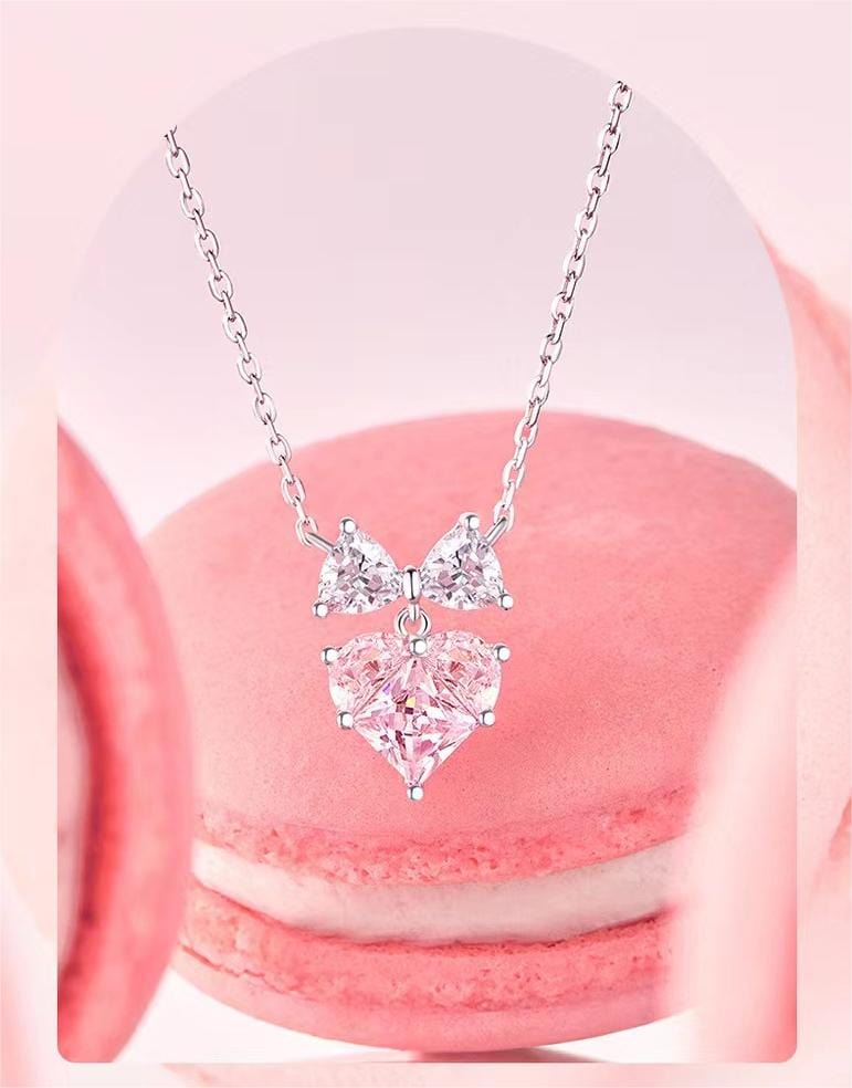 Chic Pink Crystal Bowknot Heart Necklace