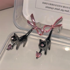 Chic Pink Crystal Heart Dangling Ribbon Cat Earrings