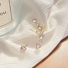 Chic Pink Crystal Heart Ear Wrap Stud Earrings