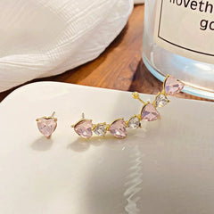 Chic Pink Crystal Heart Ear Wrap Stud Earrings