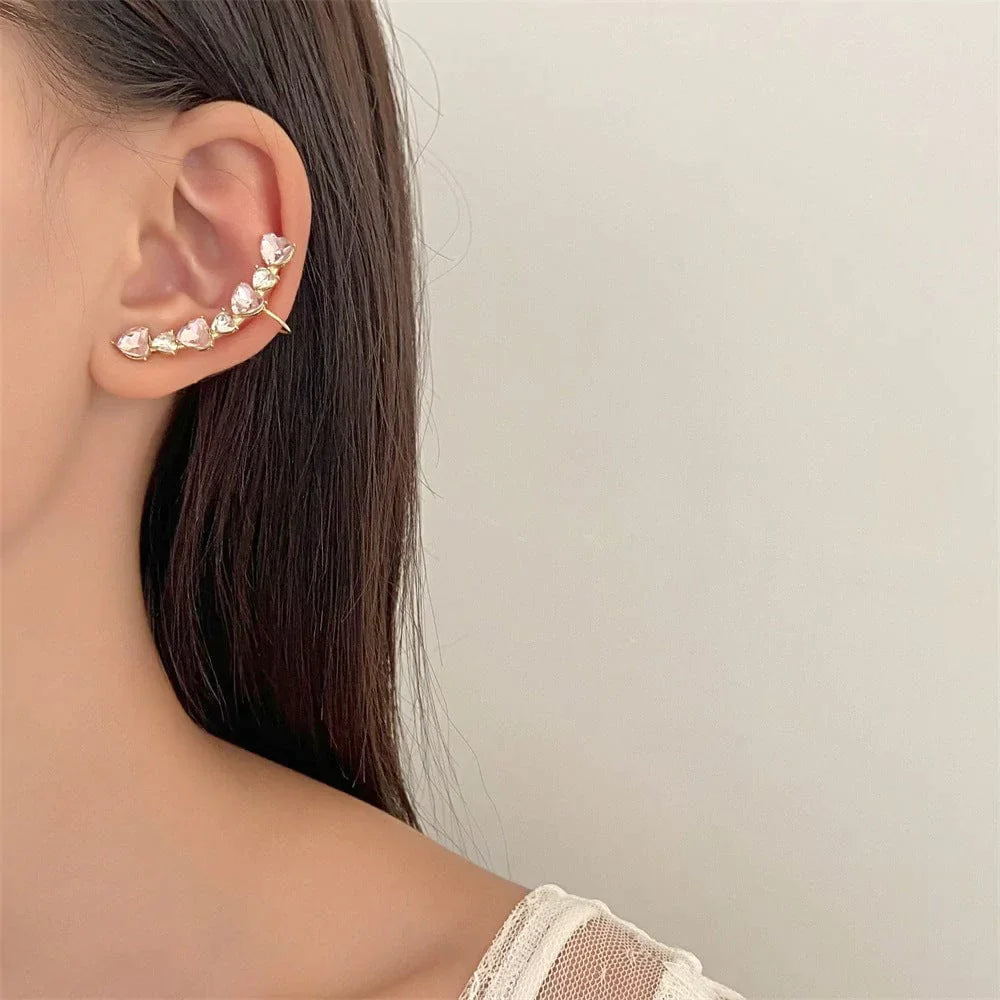 Chic Pink Crystal Heart Ear Wrap Stud Earrings