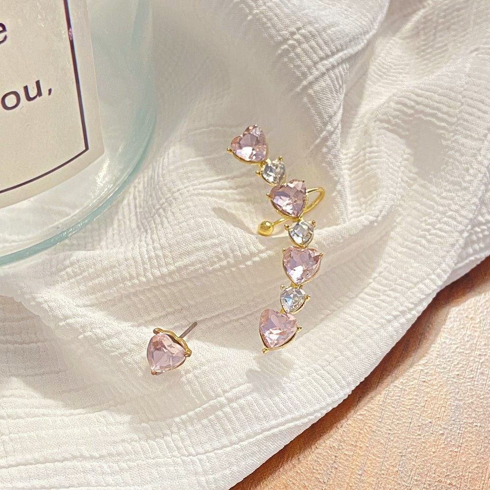 Chic Pink Crystal Heart Ear Wrap Stud Earrings