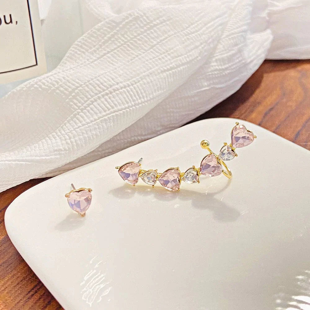 Chic Pink Crystal Heart Ear Wrap Stud Earrings