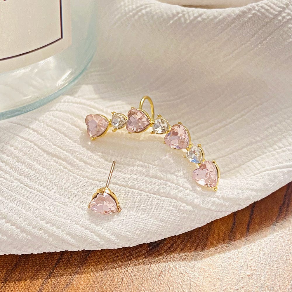 Chic Pink Crystal Heart Ear Wrap Stud Earrings