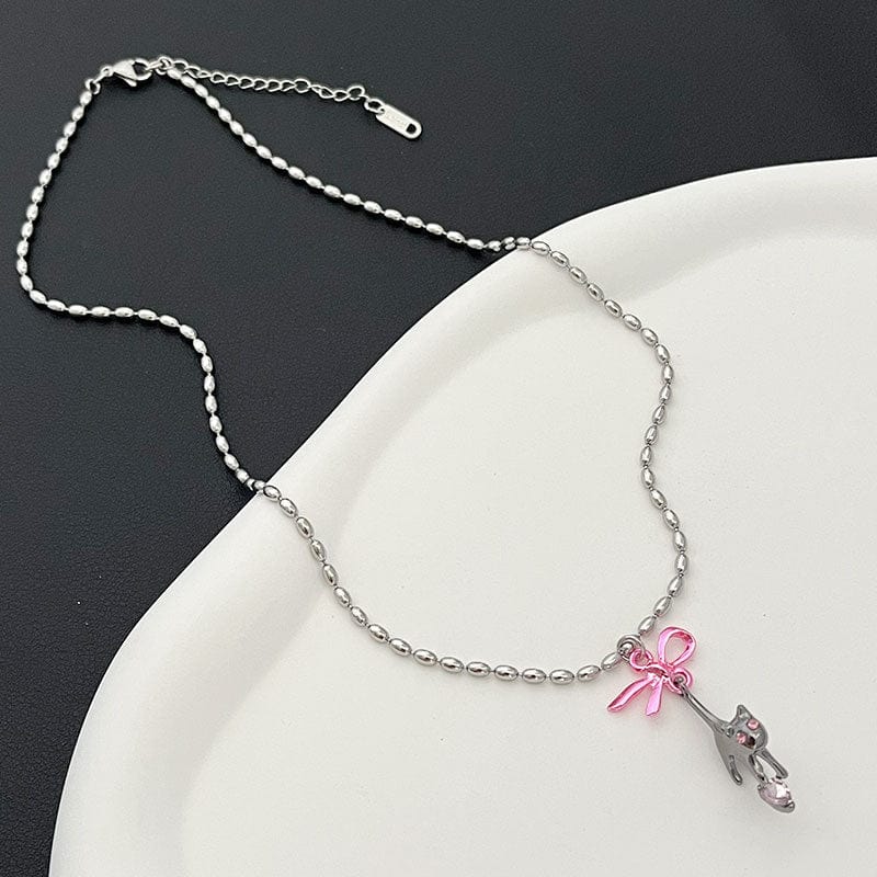 Chic Pink Crystal Heart Ribbon Cat Pendant Necklace