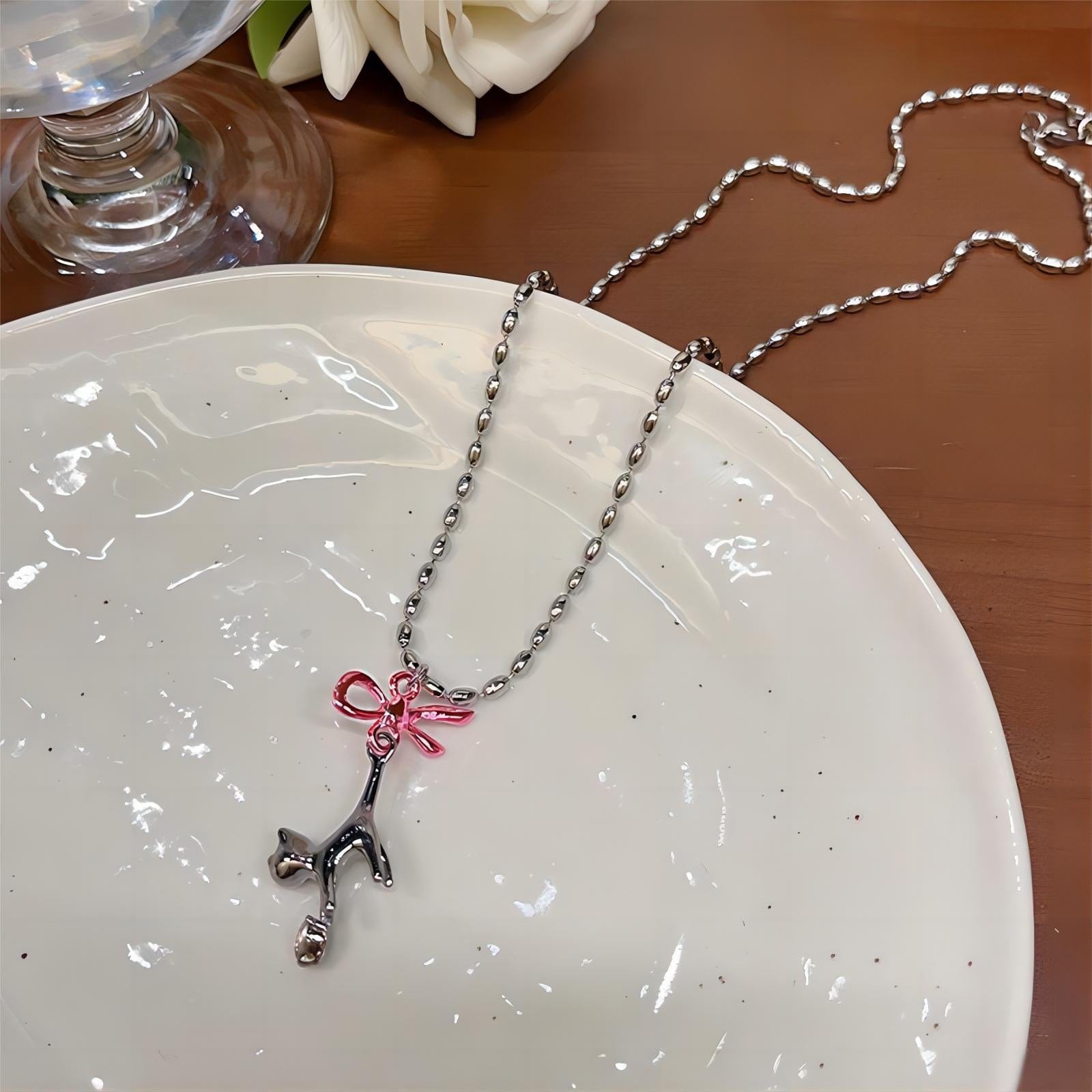 Chic Pink Crystal Heart Ribbon Cat Pendant Necklace