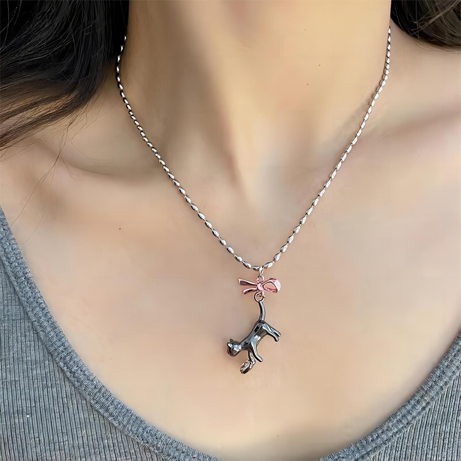 Chic Pink Crystal Heart Ribbon Cat Pendant Necklace