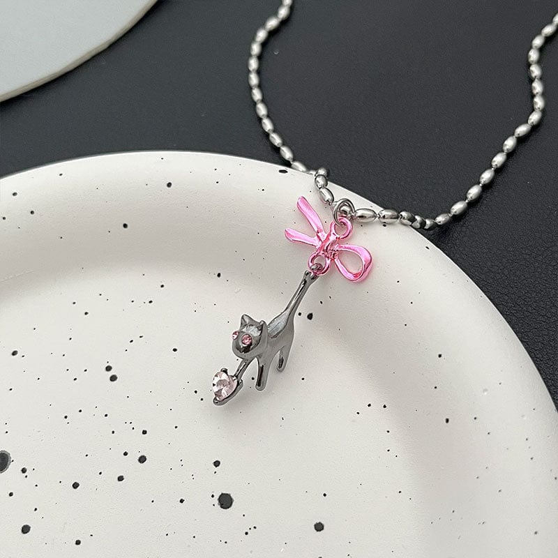 Chic Pink Crystal Heart Ribbon Cat Pendant Necklace