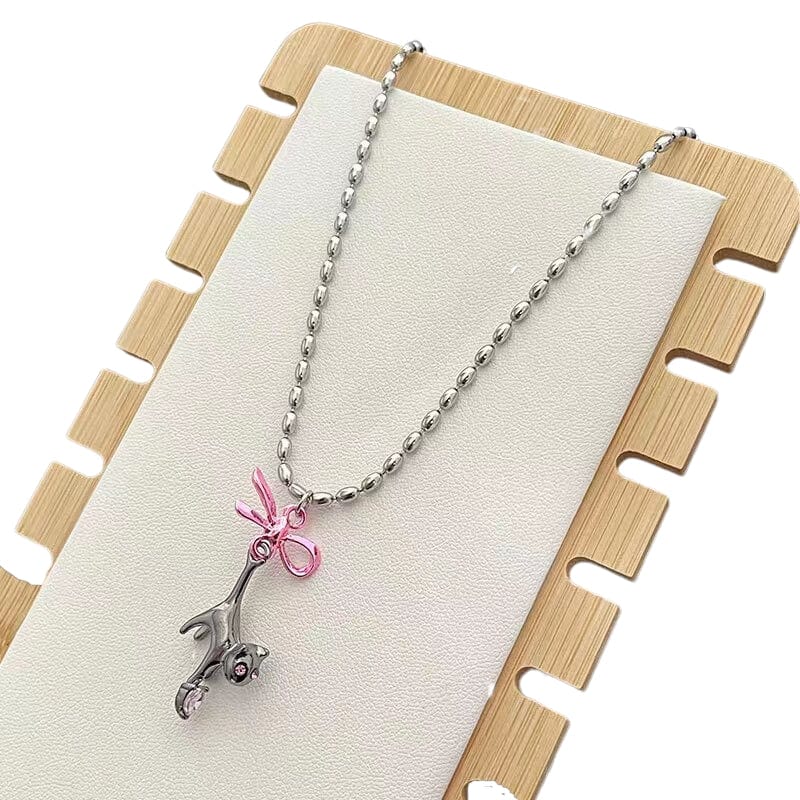 Chic Pink Crystal Heart Ribbon Cat Pendant Necklace